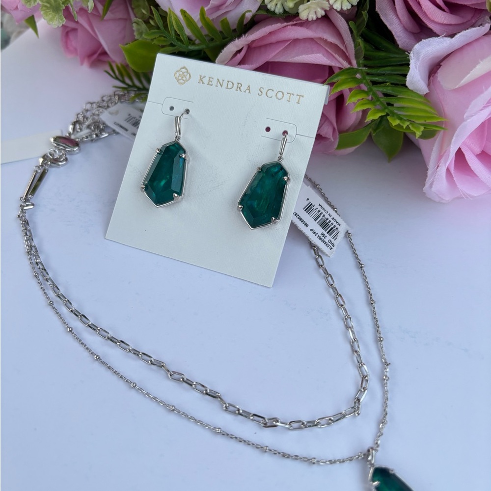 NWT Kendra Scott set Alexandria earrings + Multi Strand Necklace in Silver Teal - Picture 2 of 7